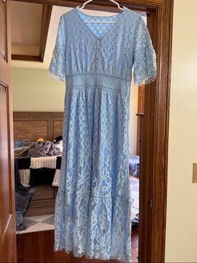 Light Blue Lace Midi Dress - V-Neck Dress